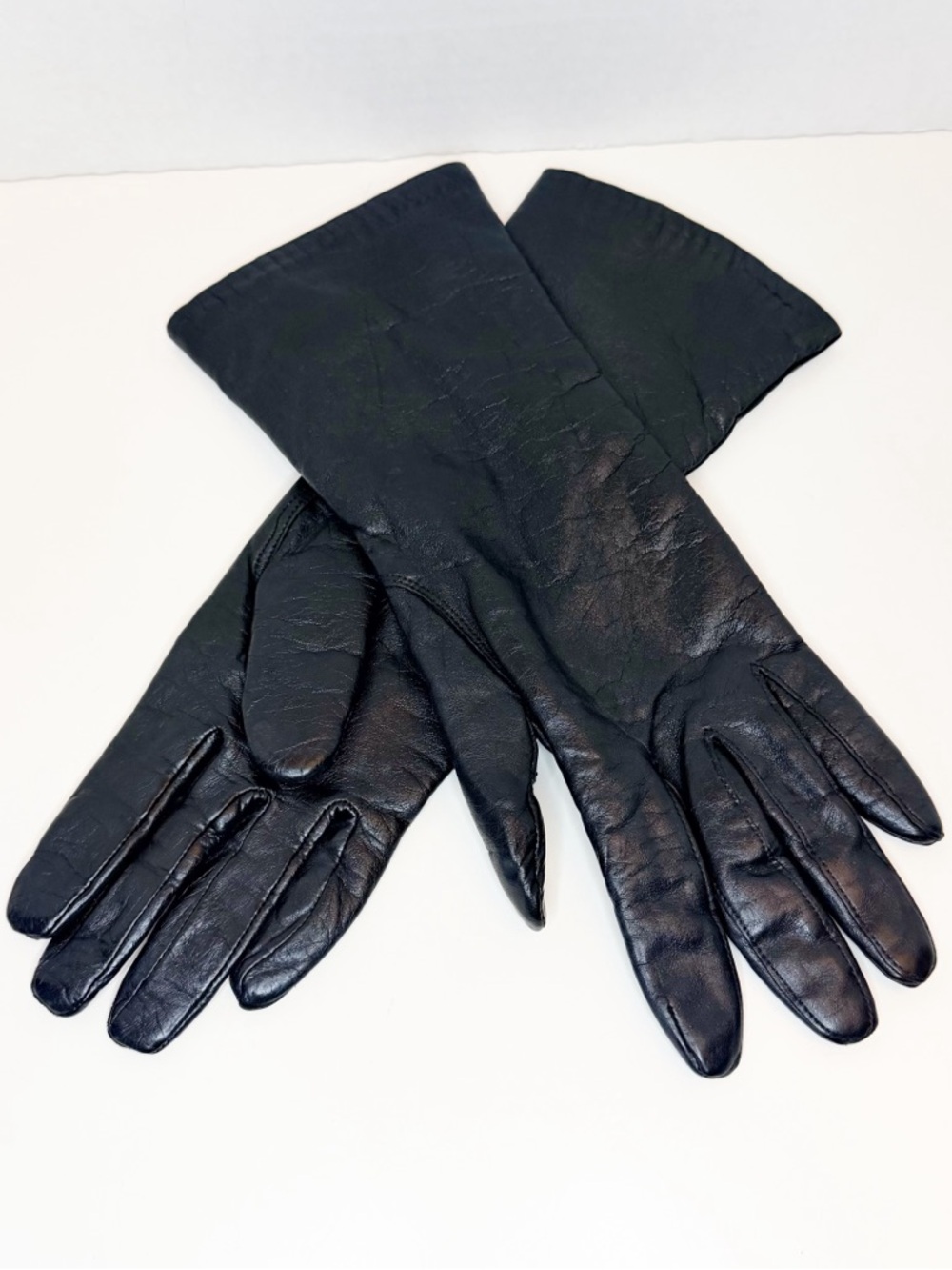 Vintage “4 Button” Black Genuine Leather Gloves with Rayon Boa Lining